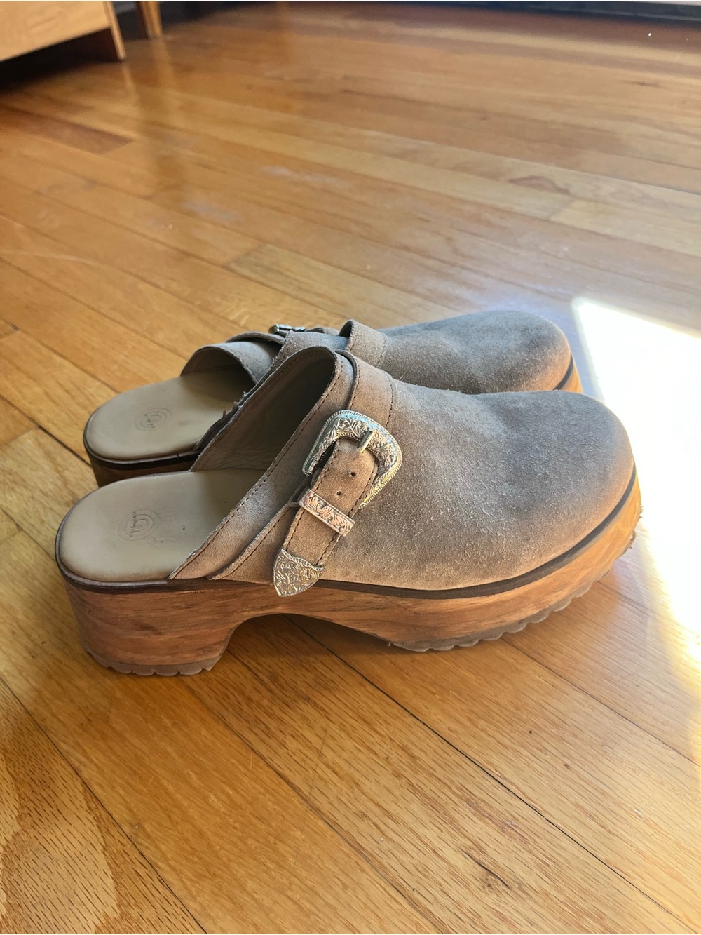 Urban Outfitters Suede Buckle Clog Mules in Taupe